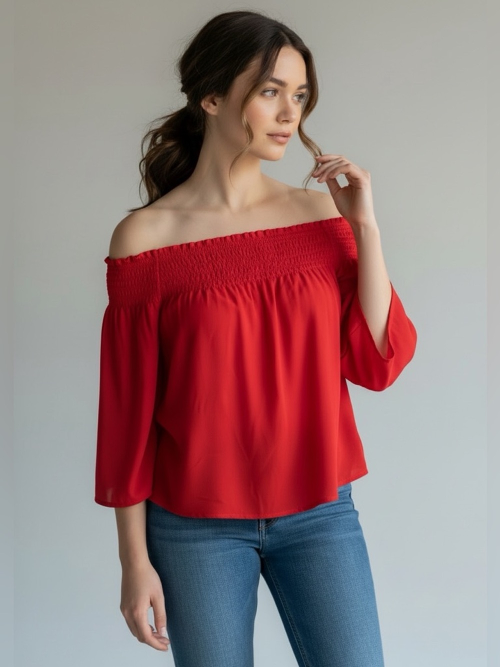 Aritizia Babaton - Quarter Sleeve Peasant Cold Shoulder Smocked Top